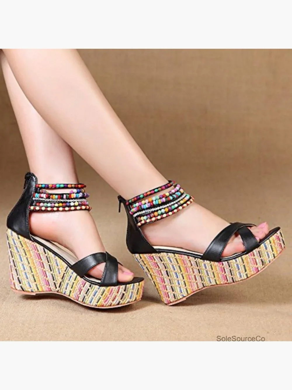 Women's Pearl Wedge Sandals Platform High Heels Back Zip Peep Toe